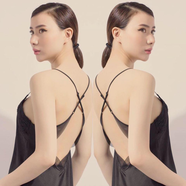 Chân dài Huyền Thư khoe da trắng, lưng trần với đầm đan dây.