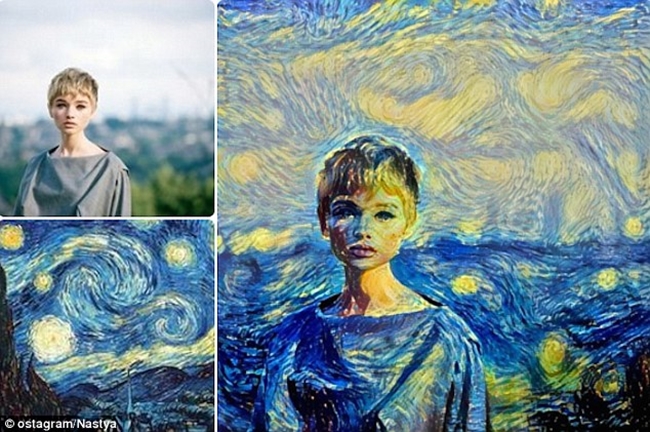 Màu sắc từ bức tranh&nbsp;Vincent Van Gogh của&nbsp;Starry Night kết hợp với một người mẫu ảnh tạo nên một bức tranh chân dung tuyệt diệu.