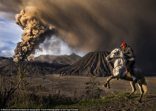 Du khách cưỡi ngựa gần núi lửa Bromo đang phun trào tro bụi tại Probolinggo, Đông Java, Indonesia.