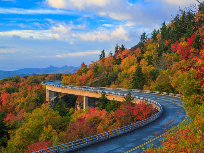 Với chiều dài 754 km, đường Blue Ridge Parkway kết nối vườn quốc gia Great Smoky ở bang North Carolina với vườn quốc gia Shenandoah ở bang Virginia, Mỹ. Tuyến đường đi qua nhiều địa điểm cắm trại, du lịch có phong cảnh đẹp.