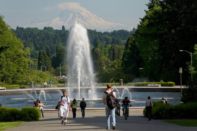 1. Đại học Washington - Seattle, Washington. Vào mùa xuân, hoa anh đào cùng nhiều loại hoa khác đua nhau khoe sắc trong khuôn viên trường. Mùa đông, tuyết phủ trắng xóa trên đỉnh núi Rainier, Drumheller Fountain, dãy núi Olympic và dãy Cascade bao quanh trường tạo nên 1 cảnh quan tuyệt đẹp.&nbsp;