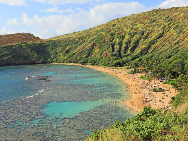 Vịnh Hanauma, Hawaii: Nó được hình thành trong lòng núi lửa và đây cũng là khu bảo tồn sinh vật biển và công viên dưới nước ở Mỹ.