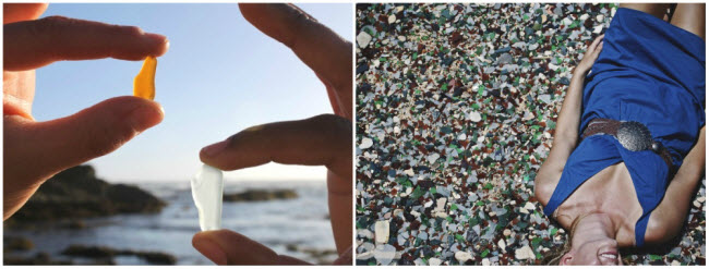 Qua nhiều năm, bãi biển Glass Beach được dọn vệ sinh và hiện còn rác nhưng vẫn còn những mảnh thủy tinh nhỏ hình tròn do bị sóng bào mòn.