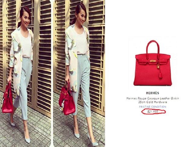 Cũng yêu mến Hermes Birkin như nhiều mỹ nữ khác. Chiếc túi đỏ trên tay người đẹp được bán với giá trước thuế là 21.950 USD &#40;khoảng 482 triệu đồng&#41;.