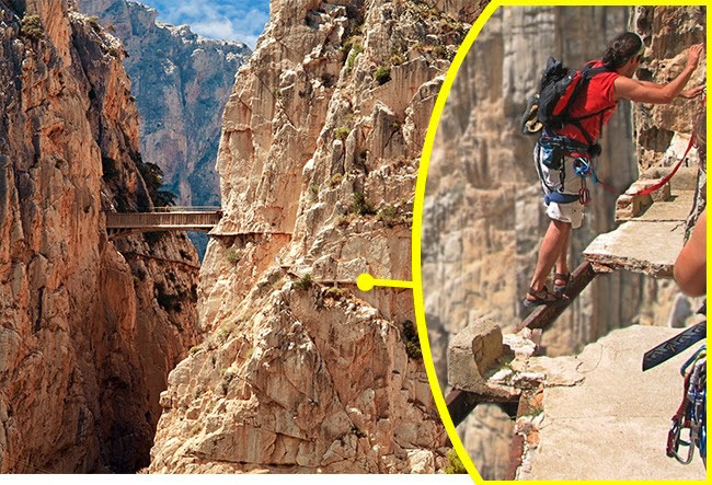 Caminito del Rey, Tây Ban Nha: Lối đi này nằm giữa hai thác Chorro và Gaitanejo ở Tây Ban Nha, với chiều dài 3km và rộng chỉ 1m. Nhiều người thích chinh&nbsp;phục lối đi này mà không sử các thiết bị an toàn.