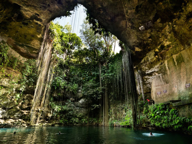 Ik Kil Cenote, Mexico: Đây là một trong nhiều bể bơi tự nhiên dưới mặt đất xung quanh thành phố cổ Chichen Itza của người Maya. Địa điểm này đặc biệt đông du khách vào buổi chiều vì nó là hồ ngầm đẹp nhất vùng.