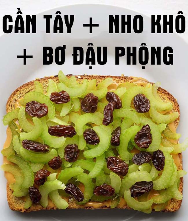 Cần tây, nho khô và bơ đậu phộng