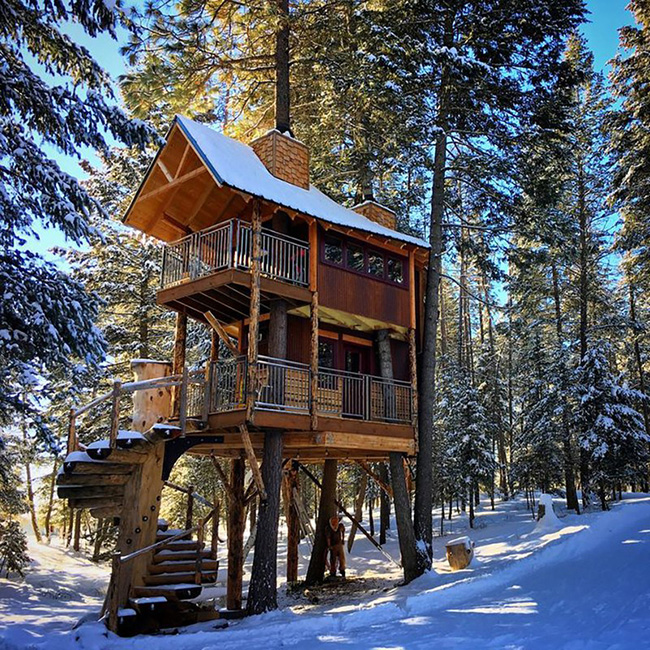 Nhà nghỉ mát Montana Treehouse. Địa điểm: Columbia Falls, Montana. Chi phí mỗi đêm: 396 USD. Ngôi nhà cây 2 tầng này được xây dựng xung quanh một cây thông lớn và có lối vào khá ấn tượng. Đó là một cầu thang xoắn ốc rất tinh xảo.