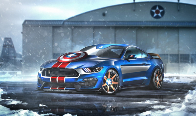 Captain America thì dĩ nhiên phải đi xe Mỹ và cơ bắp Mỹ thì không thể không nhắc đến Ford Mustang Shelby.&nbsp;Chiếc xe được phủ một lớp sơn màu xanh dương, ở mũi xe có 2 đường viền đỏ và chiếc khiêng quen thuộc nằm trên nắp ca-pô.