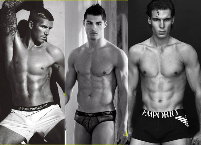 David Beckham, Cristiano Ronaldo và Rafael Nadal từng làm mẫu nam đồ lót cho Armani. Cả 3 người đều sở hữu thân hình nam tính, vạm vỡ. 