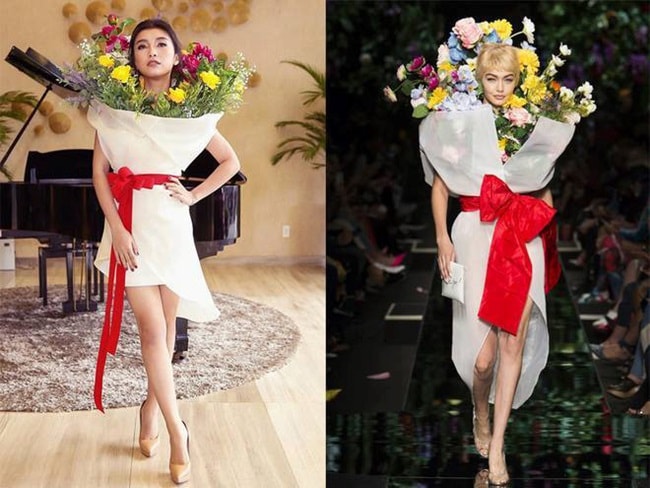 Trước đó, nữ ca sĩ cũng đã cố tính mặc một chiếc váy nhái nhà mốt Moschino. Sự thiếu tinh tế khiến cho chiếc váy nhái của Tiêu Châu Như Quỳnh trở nên vô cùng nực cười.