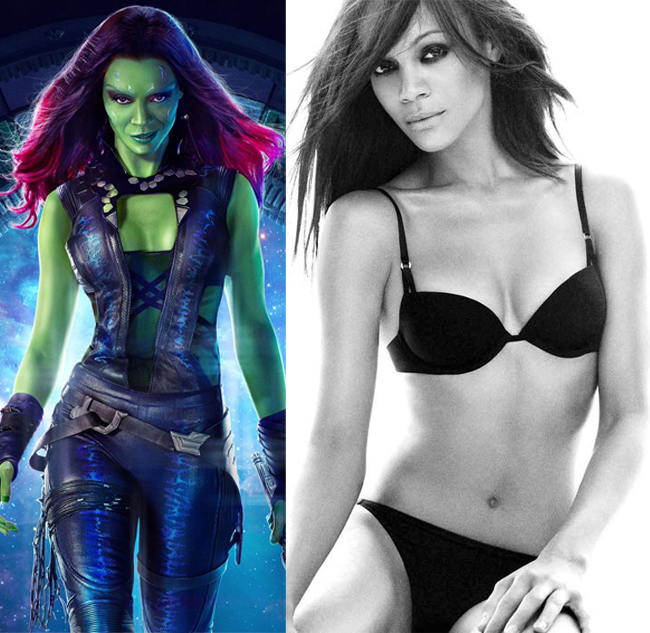 Zoe Saldana phải mất 3 giờ đồng hồ khi hóa trang với lớp da xanh khi đảm nhận vai Gamora - con gái Thanos nhưng chống lại hắn để đi theo đội Guardians of the Galaxy.