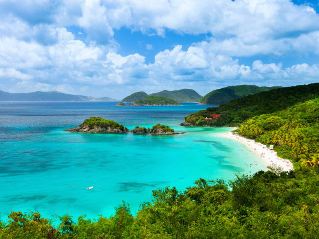 Trunk Bay, quần đảo Virgin: Vùng Caribbe có nhiều bãi biển đẹp, nhưng chỉ một ít trong số đó ấn tượng như Trunk Bay. Bãi biển này nằm trong vườn quốc gia quần đảo Virgin và là điểm lý tưởng dành cho những người thích lặn ống thở.