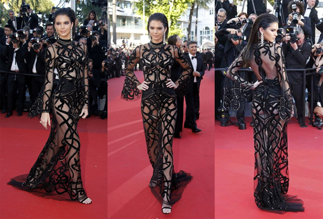 Kendall Jenne mặc bộ đầm gây nhiều tò mò với khoảng hở nghệ thuật tại Cannes 2016.