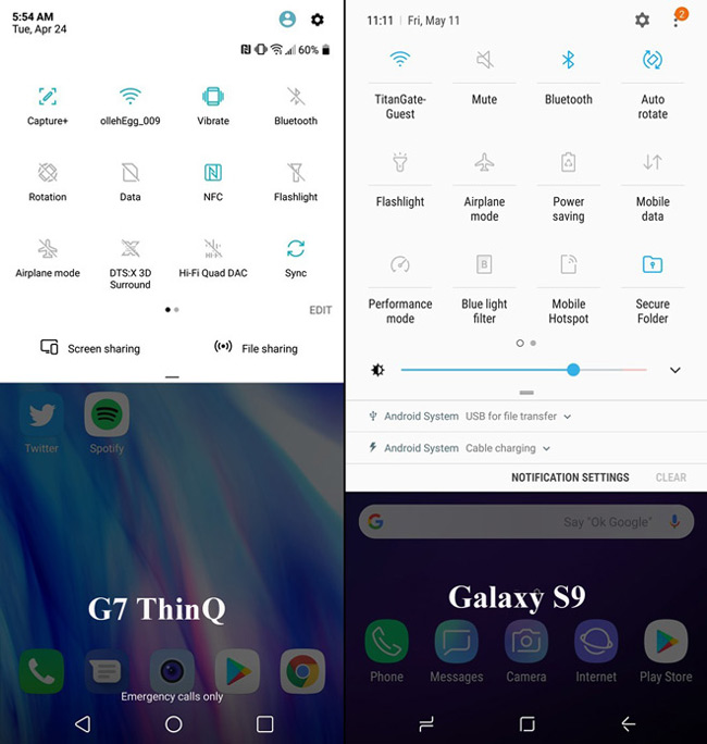 4. Cài đặt và thông báo nhanh mở rộng

Việc mở rộng các cài đặt nhanh cho thấy cả LG và Samsung đều sử dụng màu xanh. Trong trường hợp người dùng đã quen với giao diện của Samsung, việc chuyển qua sử dụng điện thoại LG chắc chắn sẽ không xa lạ.