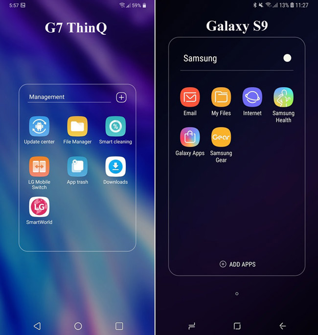 8. Thư mục

Cả hai thiết bị đều có các thư mục toàn màn hình và khá ổn về mặt thẩm mỹ. Tuy nhiên, Galaxy S9 có nút &#34;Add apps&#34; - Thêm ứng dụng tiện lợi ở phía dưới trong khi LG có nút này ngay gần tên trường thư mục.
