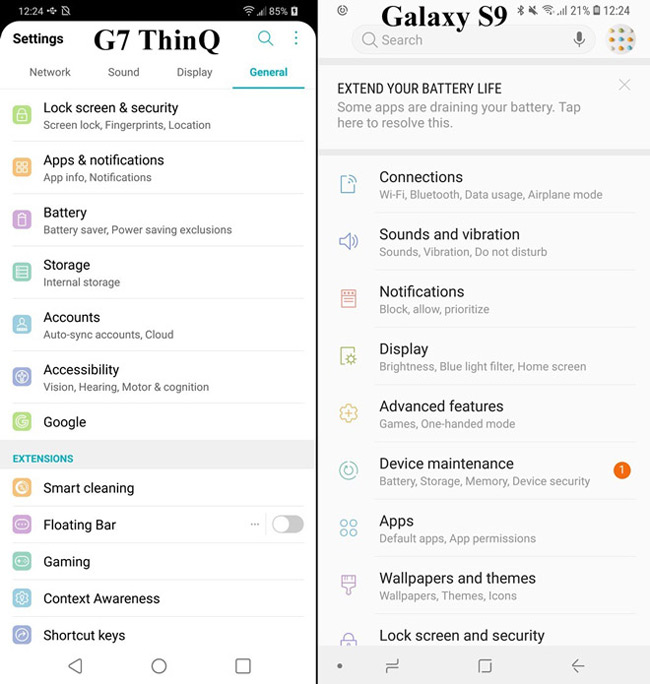 9. Cài đặt

Theo truyền thống, LG tách menu Cài đặt của Android thành bốn tab riêng biệt, giúp người dùng dễ dàng truy cập tùy chọn mong muốn và điều này cũng xuất hiện trên LG G7 ThinQ.&nbsp;Các tab General &#40;Cài đặt chung&#41;, Display &#40;màn hình&#41;, Sound &#40;Âm thanh&#41;, và Network &#40;kết nối&#41; làm cho menu này tuy phức tạp nhưng lại trực quan hơn. Mặt khác, Samsung đã chọn một menu cài đặt ngắn gọn hơn, nhiều tính năng và chức năng bị ẩn đi.
