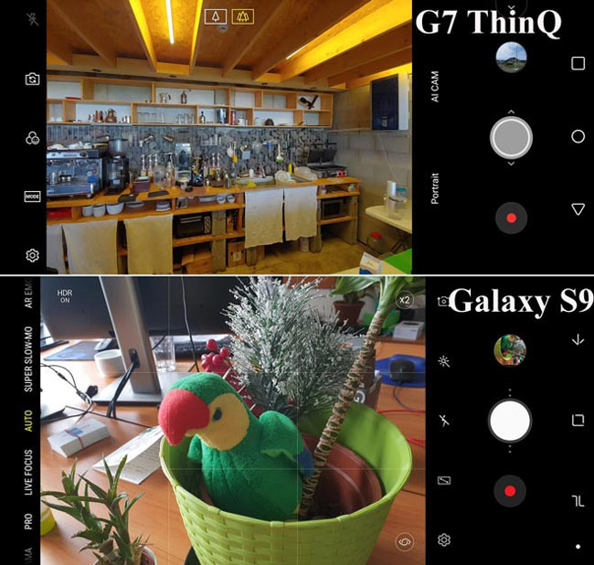 11. Giao diện camera

Khi mở camera của cả hai thiết bị, người dùng sẽ được sử dụng hai giao diện có một vài điểm tương đồng. Giao diện của ứng dụng camera LG sử dụng biểu tượng trong khi Galaxy S9 lại sử dụng văn bản.

Bộ chuyển đổi camera trên G7 ThinQ nằm ở phía trên cùng của màn hình khi được đặt ở chế độ ngang, trong khi đó bạn sẽ phải nhấn vào góc bên phải của màn hình với Galaxy S9.