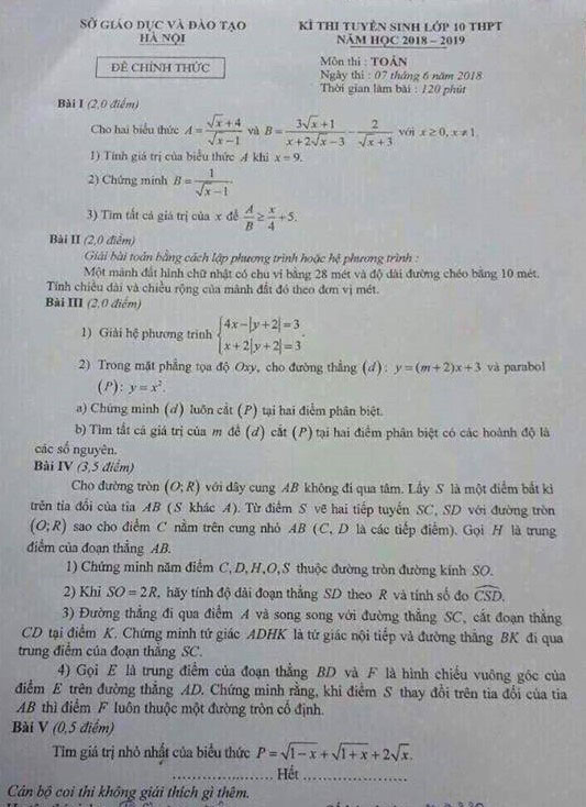 Hướng dẫn giải đề thi vào lớp 10 Hà Nội môn Toán - 1