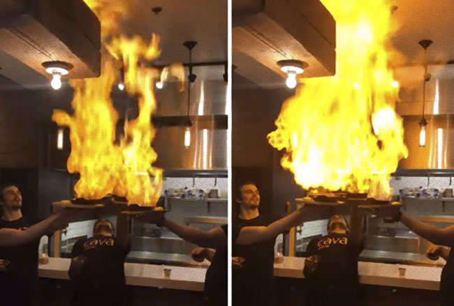 Biểu diễn múa lửa trên món ăn nhưng không ngờ kích hoạt hệ thống chống cháy - 1