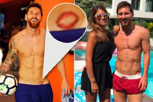 Messi xăm hình nụ hôn của vợ trên bụng. 