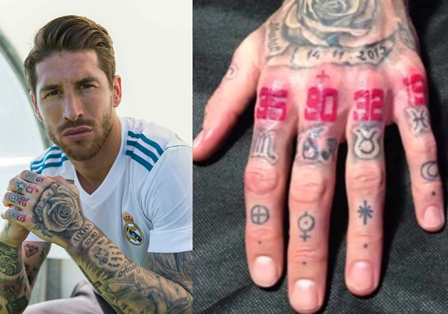 Ramos xăm số 35, 32, 90+ và 19 trên 5 ngón của bàn tay trái. Anh cho biết con số áo 32 và 35 là lời nguyền của anh với Sevilla, nơi mà anh bắt đầu sự nghiệp bóng đá chuyên nghiệp, sau đó là 19 tuổi ký hợp đồng với Real Madrid. Con số 90+ đại diện cho sự kiện quan trọng nhất trong sự nghiệp của anh, pha đánh đầu vào lưới Atletico vào phút 93 đã tạo tiền đề cho chiến thắng chung cuộc của trận đấu.