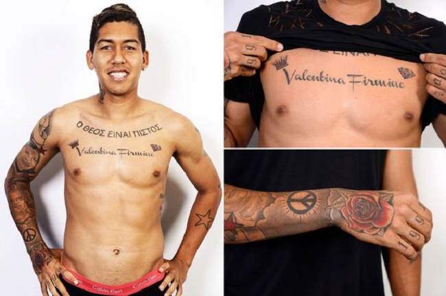 Cũng giống như nhiều danh thủ khác, Roberto Firmino cũng &#34;nghiện&#34; xăm mình. Anh xăm tên con gái lên ngực mình - Valentina Firmino,&nbsp;xăm các con số biểu hiện cho năm sinh của mình trên ngón tay.