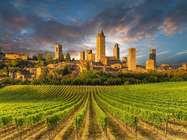 San Gimignano, Tuscany: Một ấn tượng về tòa lâu đài được xây dựng từ thời trung cổ với những tháp chuông cao và khu rừng bao bọc xung quanh.