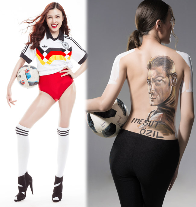 Người đẹp Đặng Phạm Phương Chi quyết định chụp ảnh bán nude cổ vũ đội tuyển Đức và thần tượng Mesut Ozil. 