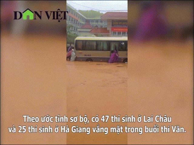 Clip: Thí sinh vượt nước lũ đi thi bằng xe đặc chủng, ăn mỳ qua bữa