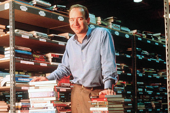 Jeff Bezos thành lập Amazon khi ông 30 tuổi vào năm 1994. Ông bắt đầu công ty tại nhà để xe của mình ở Seattle. Trước khi quyết định bắt đầu bán sách trên internet, Bezos là phó chủ tịch cấp cao tại D. E. Shaw, một quỹ phòng hộ cho đến năm 1993. Trong tháng đầu tiên ra mắt, Amazon đã bán sản phẩm tới 50 tiểu bang ở 45 quốc gia khác nhau