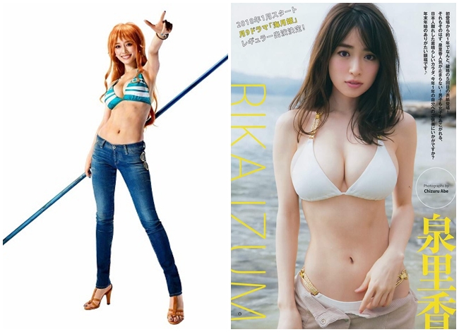 Mỹ nhân được cho là sở hữu vóc dáng, mái tóc giống nhân vật Nami của "Đảo hải tặc" nhất là Rika Izumi. Người đẹp 8X cũng là mỹ nhân được chọn đóng vai Nami trong "One Piece" phiên bản live-action