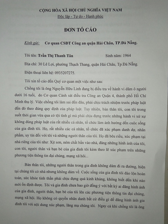 Vợ ông Nguyễn Hữu Linh gửi đơn tố cáo về việc &#34;bị xúc phạm, lăng mạ&#34; - 2