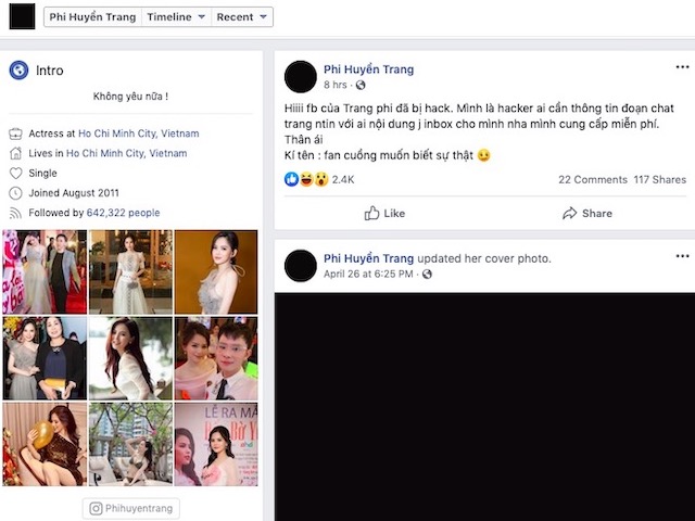 Facebook chính thức của Phi Huyền Trang đăng status lạ, có dấu hiệu bị hack
