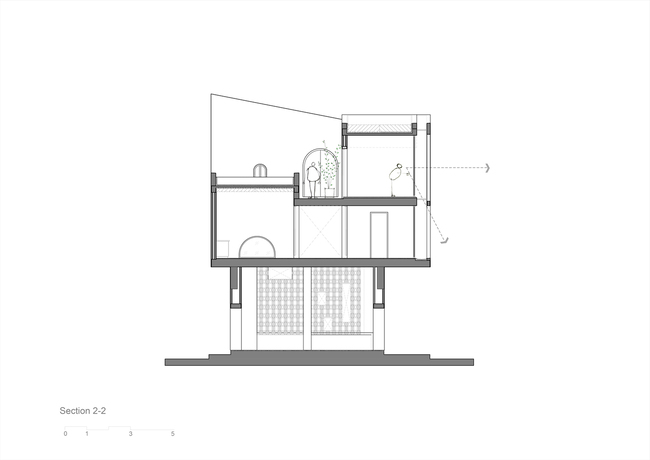 Mặt cắt dọc các khối bên trên của ngôi nhà