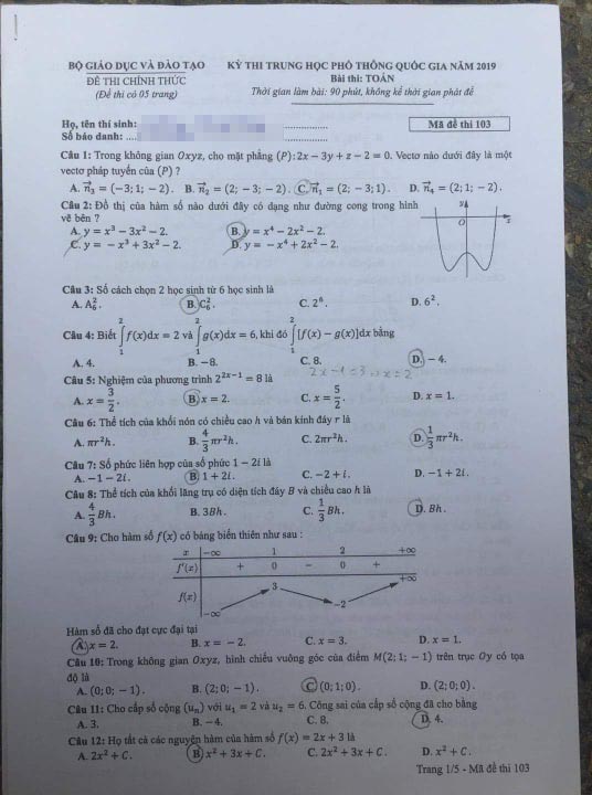 Gợi ý giải đề thi môn Toán THPT quốc gia 2019 - 1