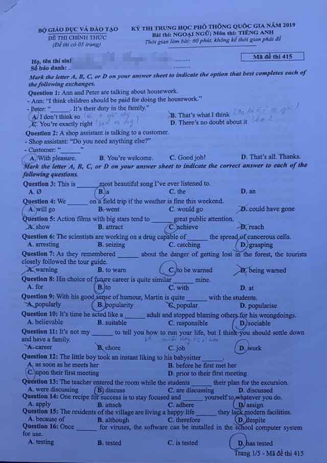 Gợi ý giải đề thi môn tiếng Anh THPT Quốc gia 2019 - 1