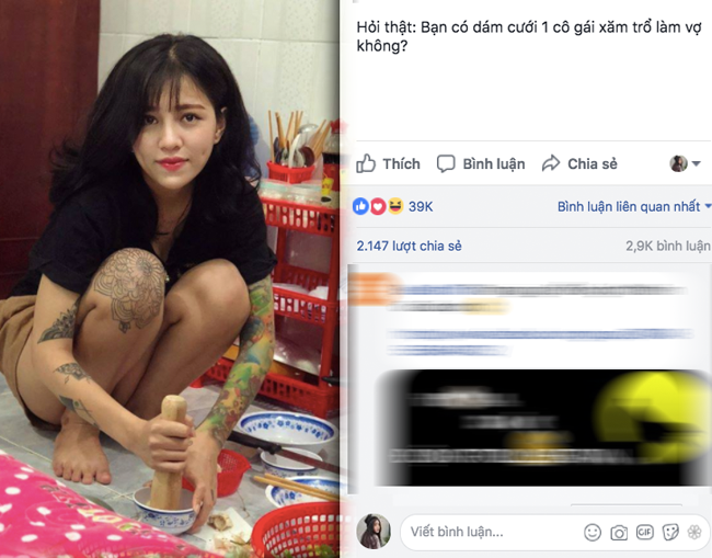 Cô gái 22 tuổi quê gốc Quảng Nam - Trần Thị Trinh cũng gây nhiều chú ý trên mạng xã hội vì trên người xăm nhiều hình lớn nhỏ khác nhau. 