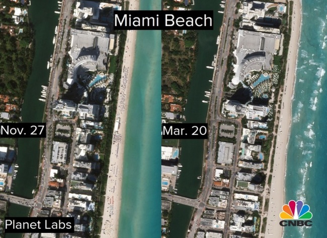 Sau khi ban bố tình trạng đại dịch toàn quốc, các địa điểm vui chơi tại nhiều bang buộc phải đóng cửa. Hình ảnh bãi biển Miami trước và sau khi dịch Covid-19 bùng phát cho thầy người dân đã không được phép đến khu vực này.