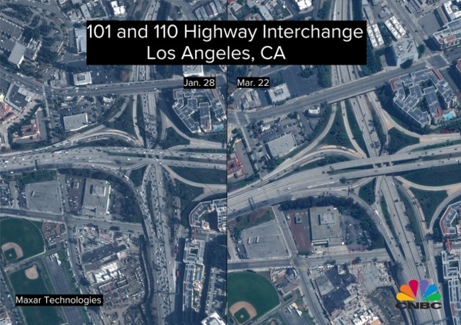 Các thành phố của Hoa Kỳ như Los Angeles và San Francisco đã xuất hiện những đường cao tốc hoàn toàn trống trải trong thời gian cao điểm khi các tuyến giao thông bắt đầu đưa vào diện phong tỏa.