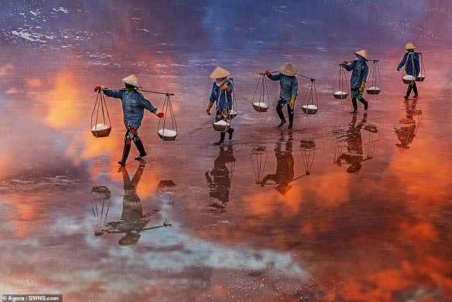Những người phụ nữ gánh muối về nhà sau một ngày làm việc trên cánh đồng muối ở Khánh Hòa, Việt Nam.
