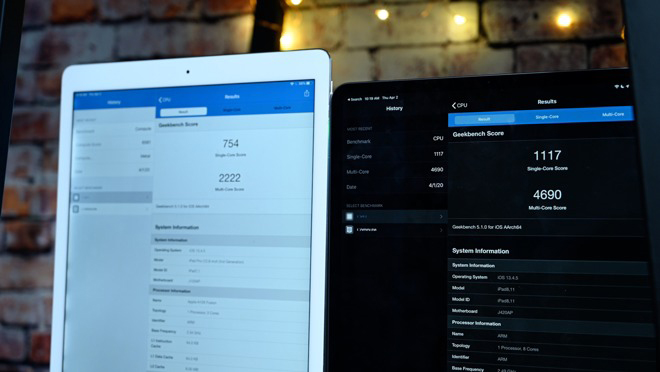 Điểm số đa lõi trên iPad Pro 2017 (trái) và iPad Pro 2020 (phải).