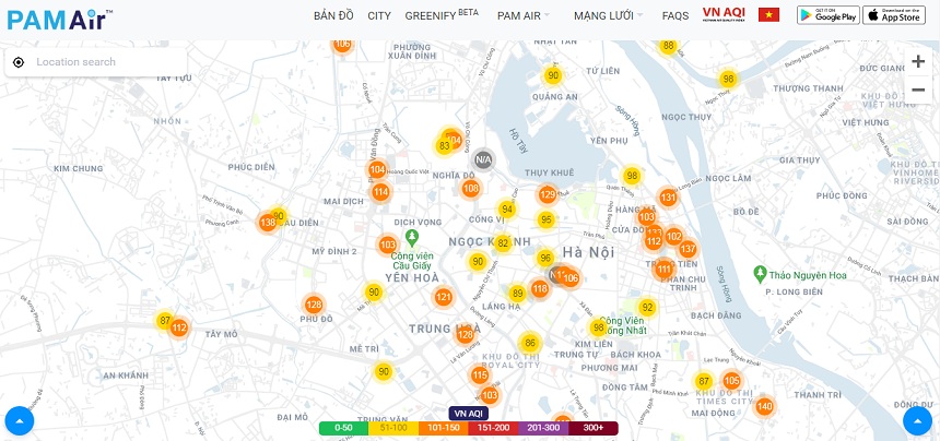 Chất lượng không khí Hà Nội trên PAM Air lúc 10h sáng 7/4 ở ngưỡng 85-140, trung bình đến kém. Ảnh chụp màn hình.