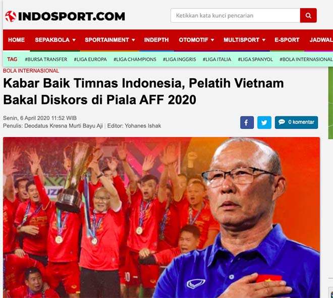 Trang IndoSport đưa tin về việc HLV Park Hang Seo có thể bị cấm chỉ đạo tại AFF Cup 2020.
