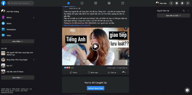 Đây là giao diện Facebook nền tối trên web.