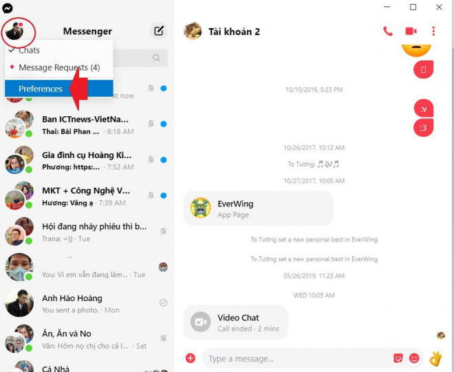 Trên app Messenger trên máy tính, chúng ta vào phần Preferences (bấm vào ảnh đại diện trên góc trái sẽ hiển thị).