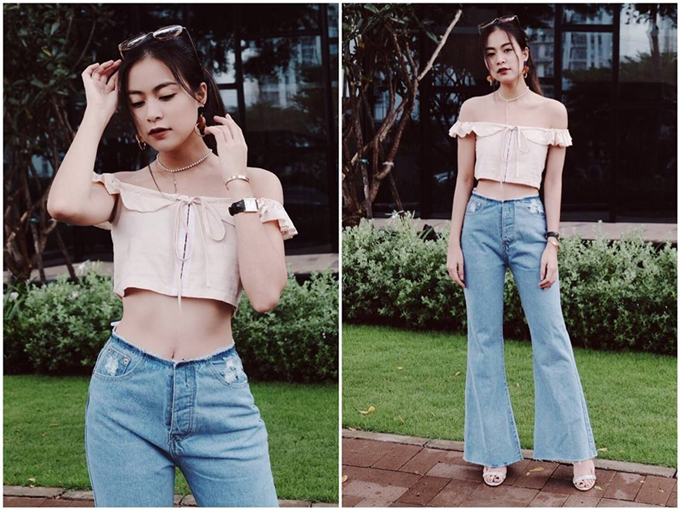 Công thức lên đồ quen thuộc của Hoàng Thùy Linh là áo croptop với quần/váy cạp cao, giúp đôi chân thon dài hơn.&nbsp;