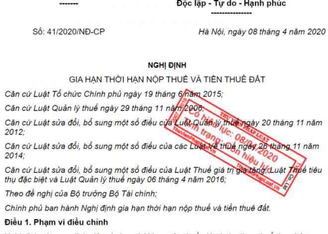 Nghị định số 41/2020/NĐ-CP về gia hạn thời hạn nộp thuế và tiền thuê đất cho doanh nghiệp bị ảnh hưởng bởi dịch bệnh Covid-19.