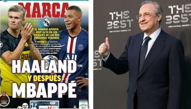 Chủ tịch Real Madrid - tỷ phú Florentino Perez (phải) tự tin sẽ mua được cả Haaland và Mbappe