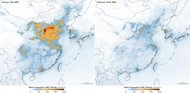 Nồng độ NO2 trong không khí giảm đi rõ rệt tại Bắc Kinh và các thành phố lớn ở phía bắc Trung Quốc. Ảnh: NASA Earth Observatory.